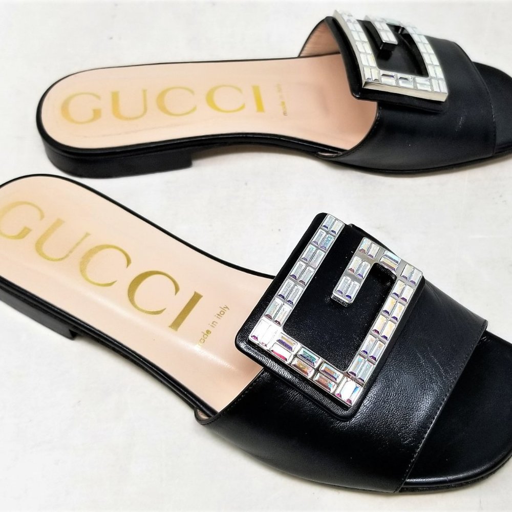 GUCCI - MADELYN - CRYSTAL G - Calf Leather Open Toe Flat Slides, EUR 38, US 8